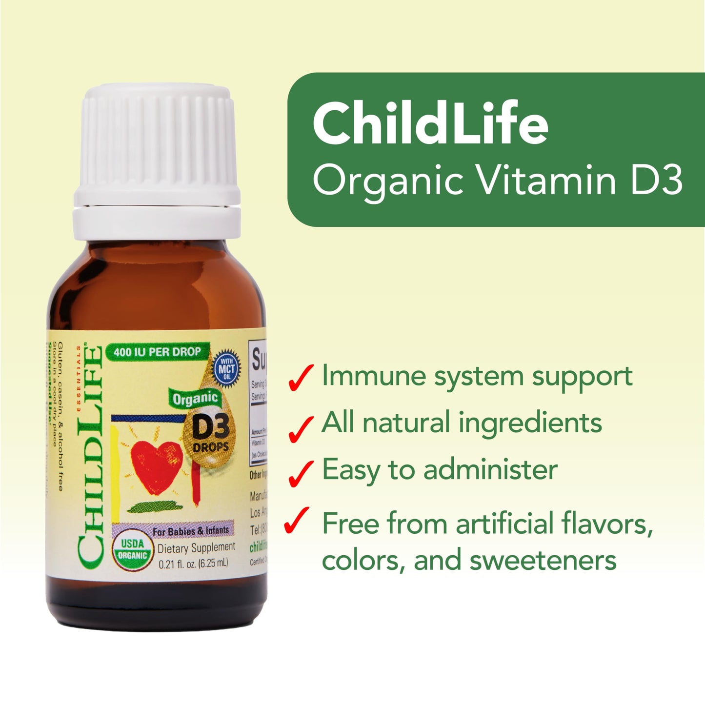 CHILDLIFE Essentials Organic Vitamin D3 Drops for Infants & Newborns – 400 IU/Drop, USDA Organic