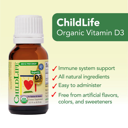 CHILDLIFE Essentials Organic Vitamin D3 Drops for Infants & Newborns – 400 IU/Drop, USDA Organic