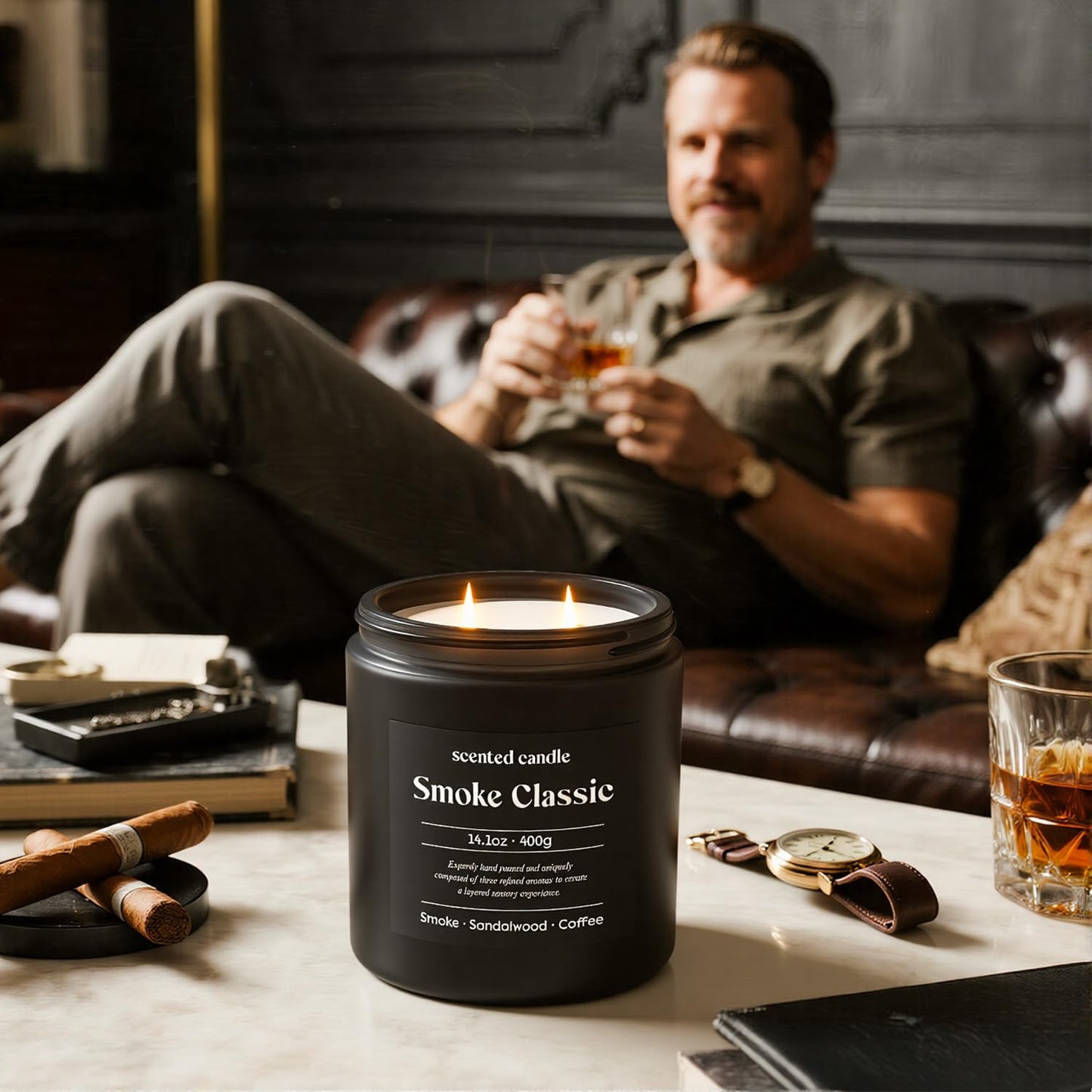 CHILLFLAME Candles for Men - 14.1 oz Dual-Wick Scented Candle with Smoke, Sandalwood & Coffee