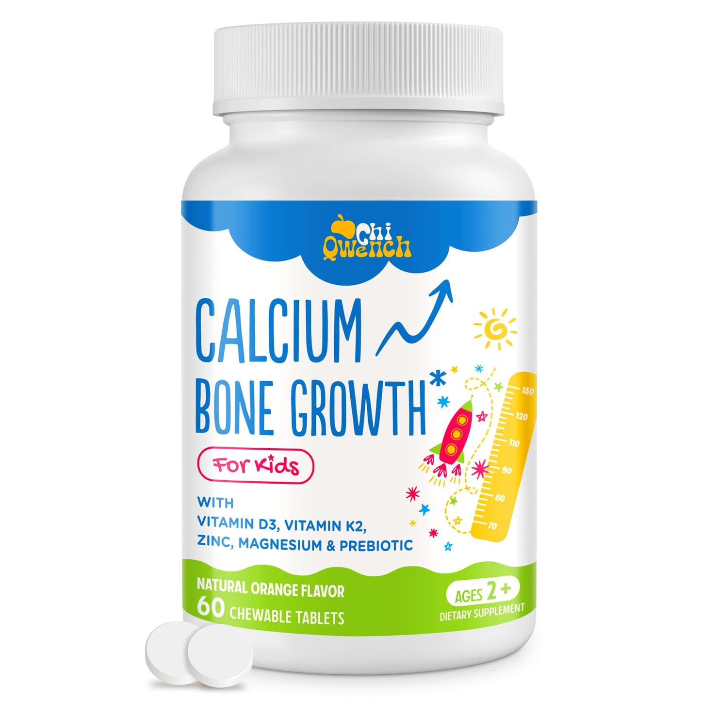 ChiQwench 500 mg Calcium with Vitamin D3 & K2 + Zinc, Magnesium & Prebiotics for Kids – Bone Strength, Height Support, Orange Chewables, Non-GMO, Gluten Free, 60 Tabs