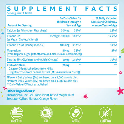 ChiQwench 500 mg Calcium with Vitamin D3 & K2 + Zinc, Magnesium & Prebiotics for Kids – Bone Strength, Height Support, Orange Chewables, Non-GMO, Gluten Free, 60 Tabs