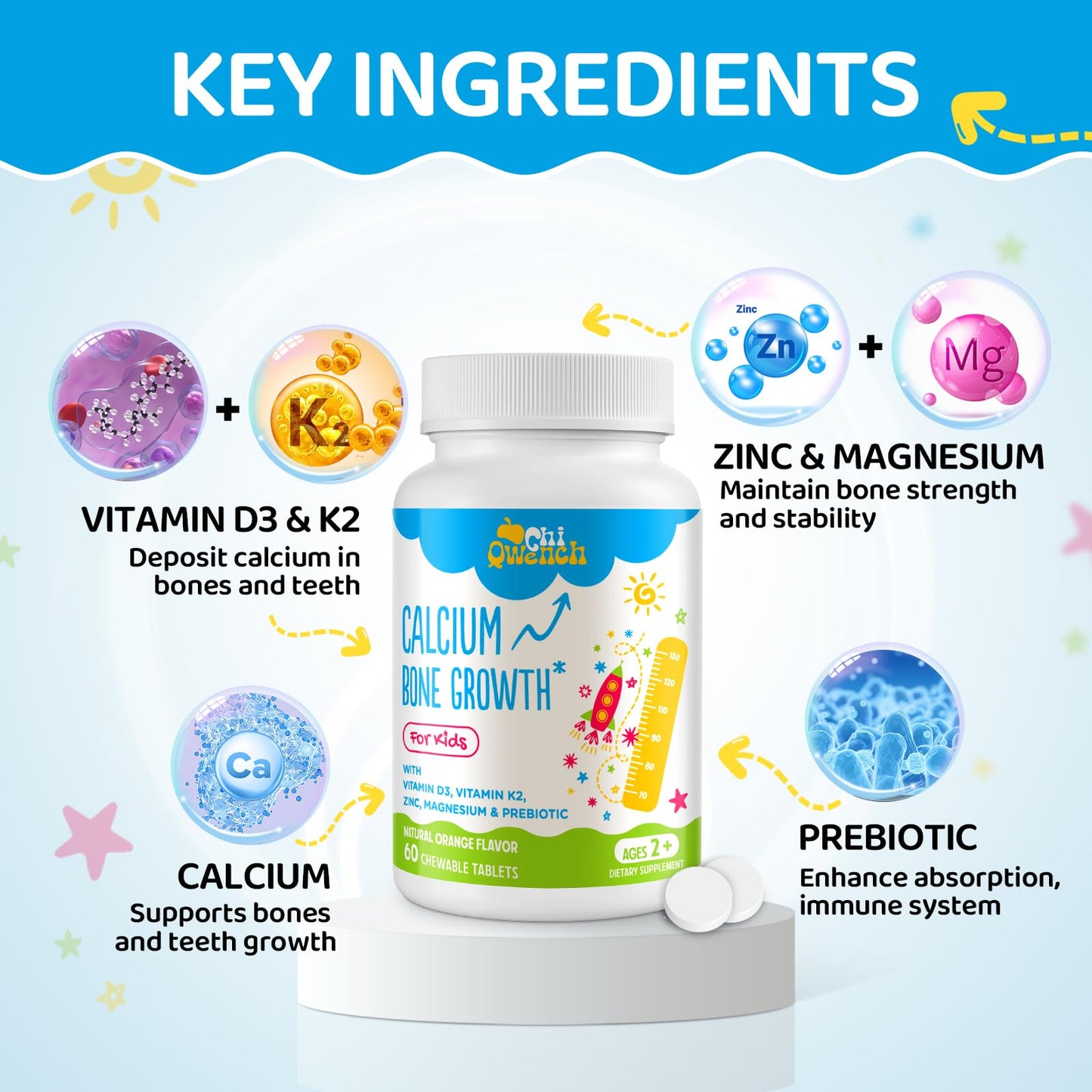 ChiQwench 500 mg Calcium with Vitamin D3 & K2 + Zinc, Magnesium & Prebiotics for Kids – Bone Strength, Height Support, Orange Chewables, Non-GMO, Gluten Free, 60 Tabs
