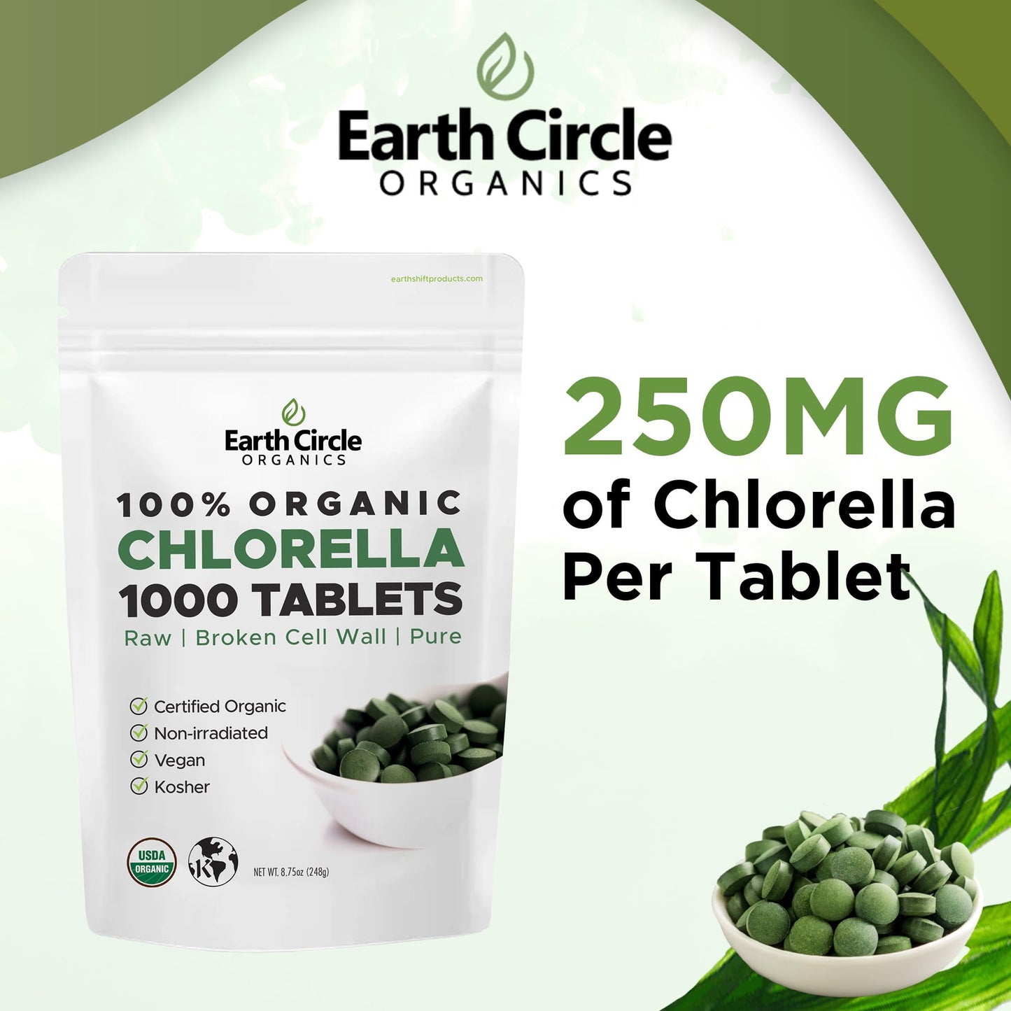 Earth Circle Organics Organic Chlorella Tablets 1000 Count | High Potency Chlorophyll Supplement | Broken Cell Wall for Absorption | Vegan, Kosher, Non-GMO | Pack of 3