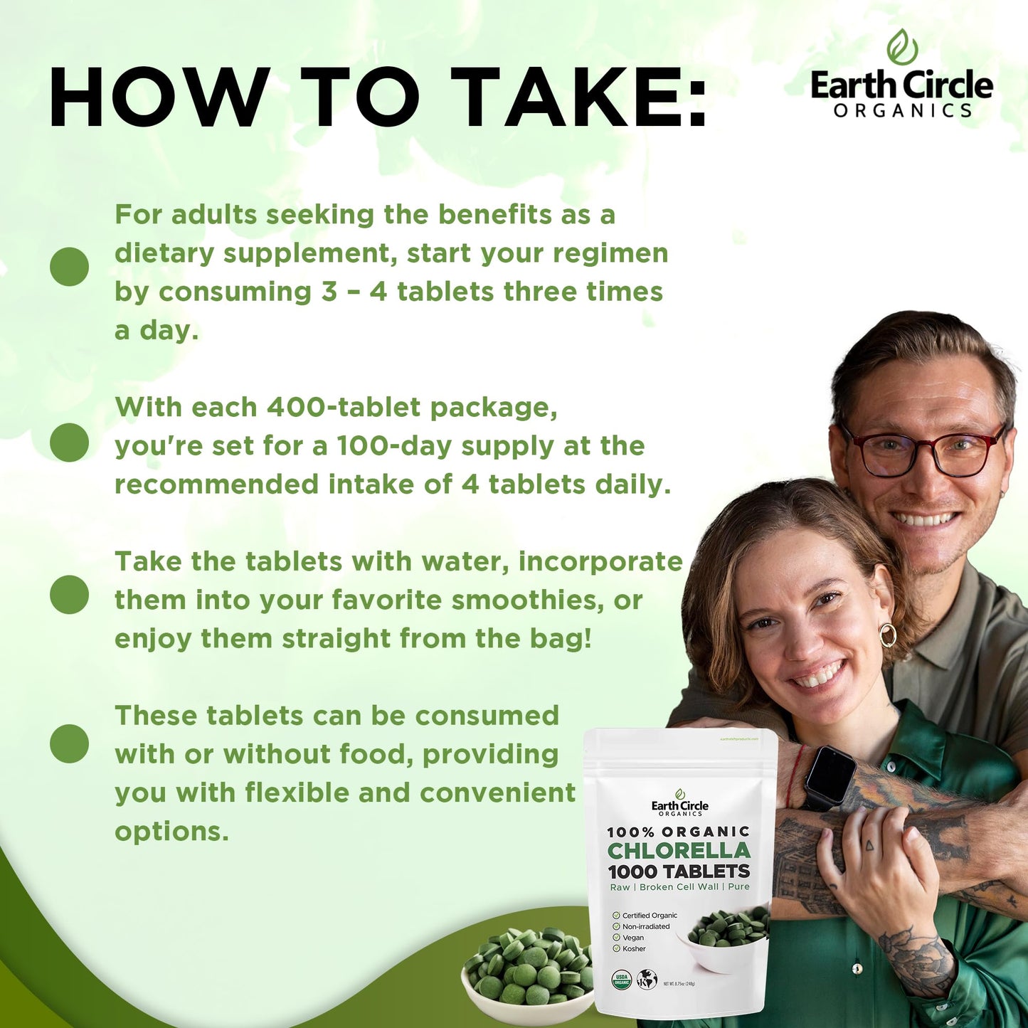 Earth Circle Organics Organic Chlorella Tablets 1000 Count | High Potency Chlorophyll Supplement | Broken Cell Wall for Absorption | Vegan, Kosher, Non-GMO | Pack of 3