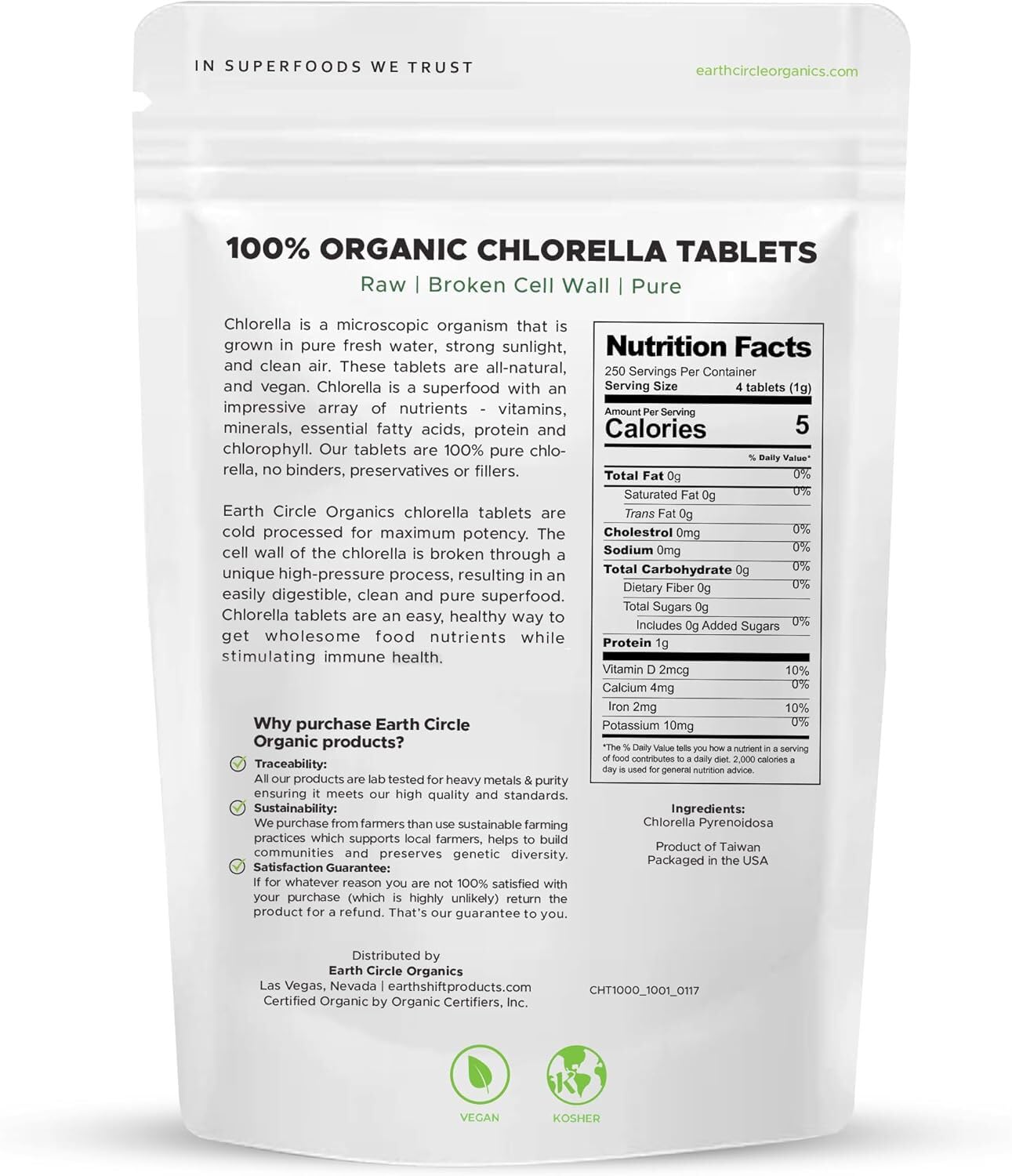 Earth Circle Organics Organic Chlorella Tablets 1000 Count | High Potency Chlorophyll Supplement | Broken Cell Wall for Absorption | Vegan, Kosher, Non-GMO | Pack of 3