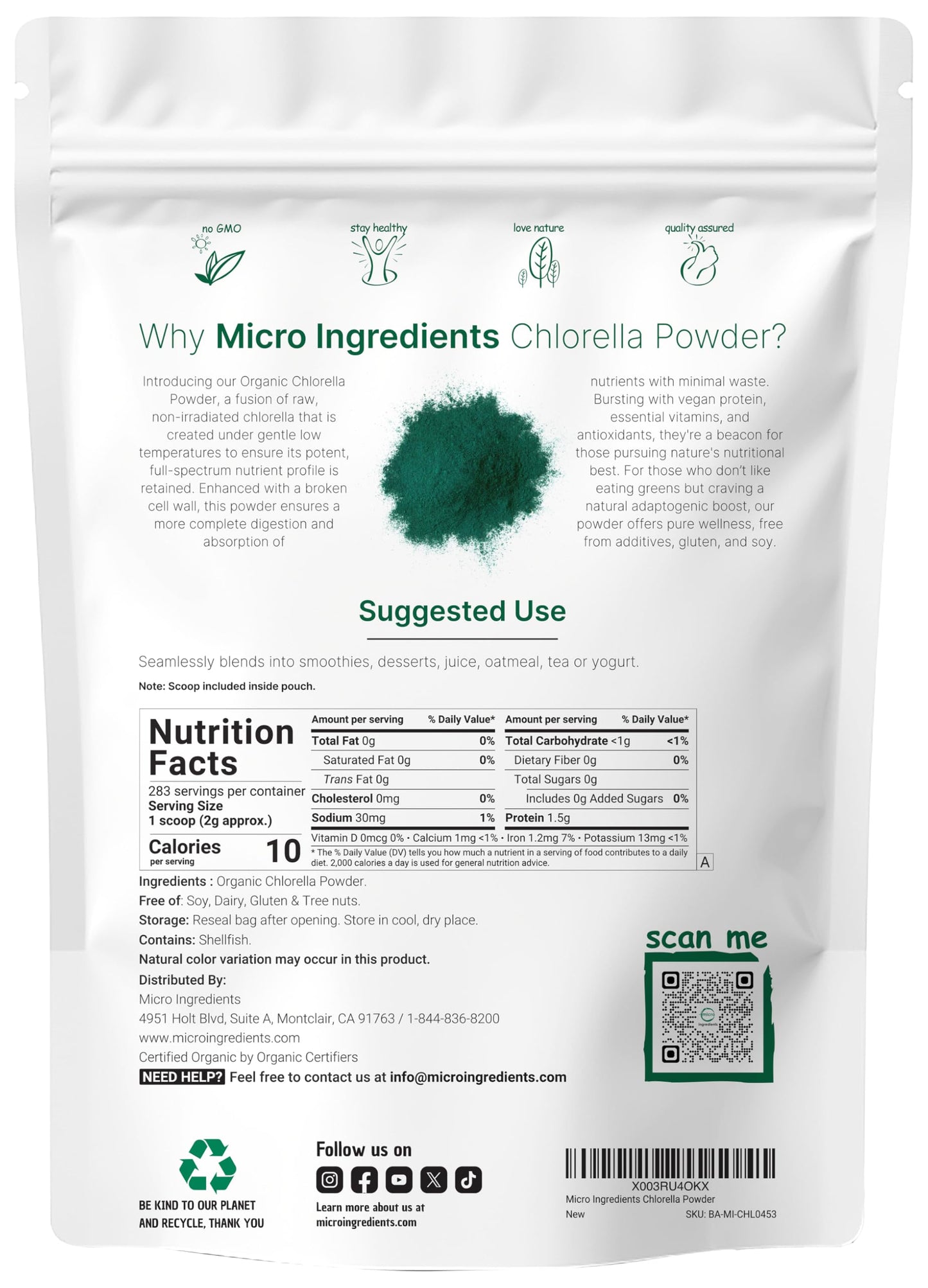 Micro Ingredients Organic Chlorella Powder – 20 oz | Broken Cell Wall | Vegan & Non-GMO