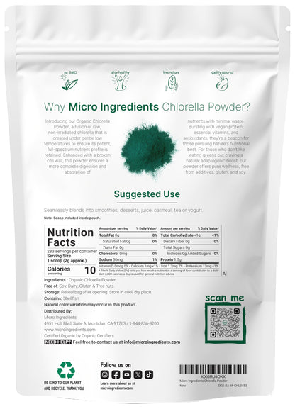 Micro Ingredients Organic Chlorella Powder – 20 oz | Broken Cell Wall | Vegan & Non-GMO