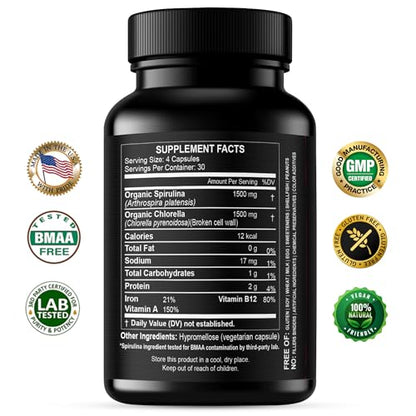 Chlorella Spirulina Capsules 3000 mg – BMAA Free | Blue-Green Algae