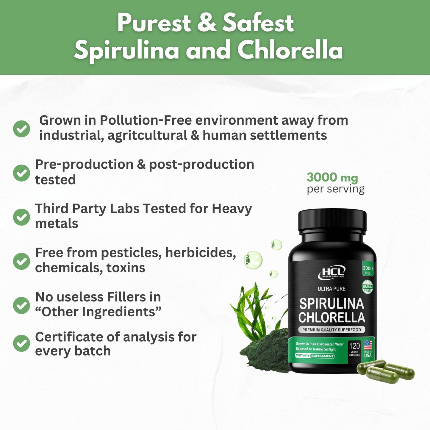 Chlorella Spirulina Capsules 3000 mg – BMAA Free | Blue-Green Algae