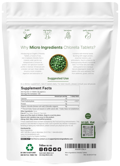 Organic Chlorella Tablets 500mg | 720 Tabs (360g) | Broken Cell Wall | Non-GMO