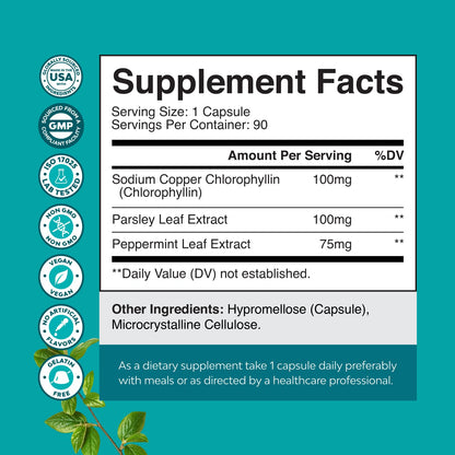 Chlorophyll Capsules for Body Odor & Detox | Mint & Parsley | Vegan Non-GMO Gluten Free (90ct)