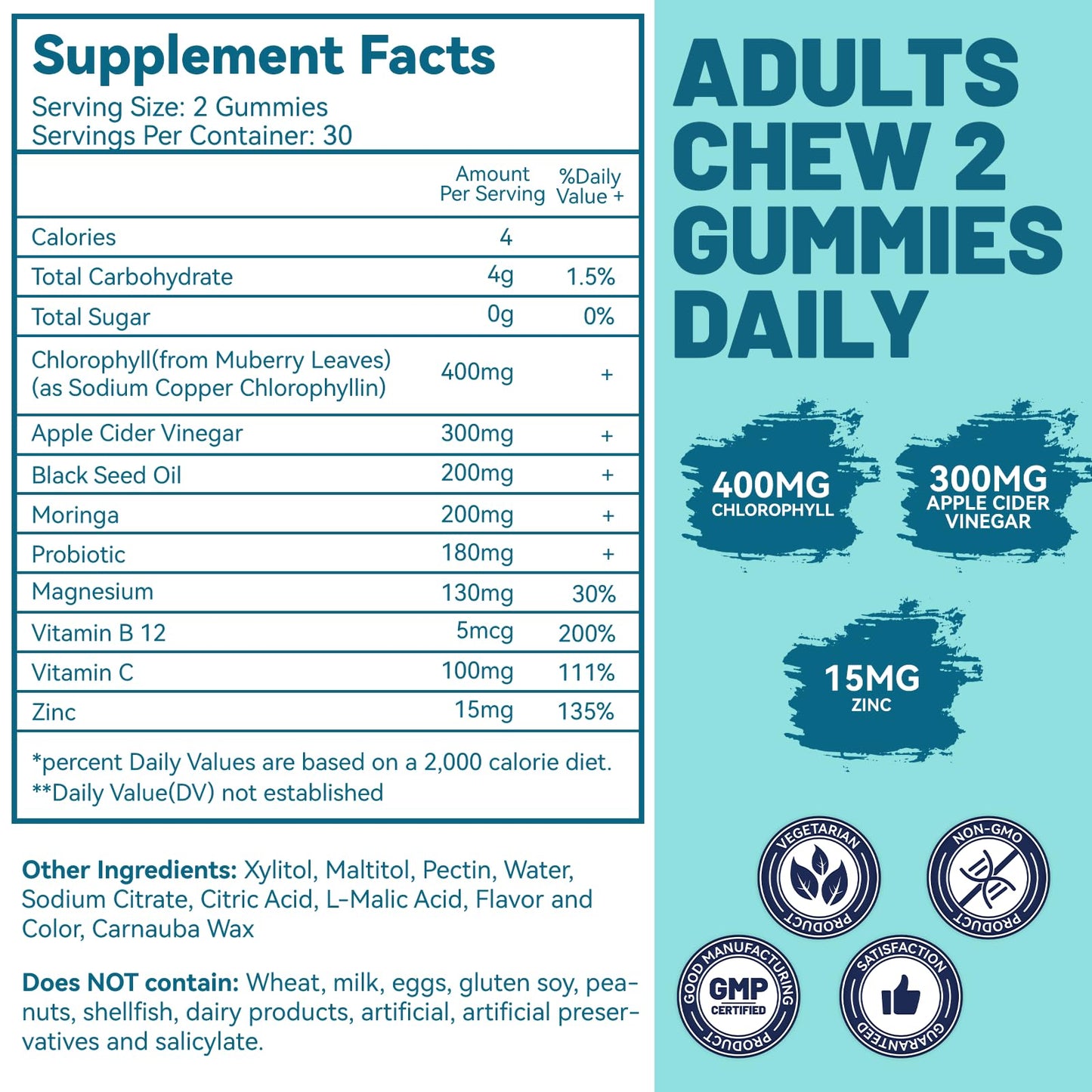 Sugar Free Chlorophyll Gummies with Vitamin B12 & Zinc – Detox, Immune & Digestion Support (60 Count) | Women
