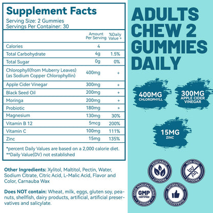 Sugar Free Chlorophyll Gummies with Vitamin B12 & Zinc – Detox, Immune & Digestion Support (60 Count) | Women