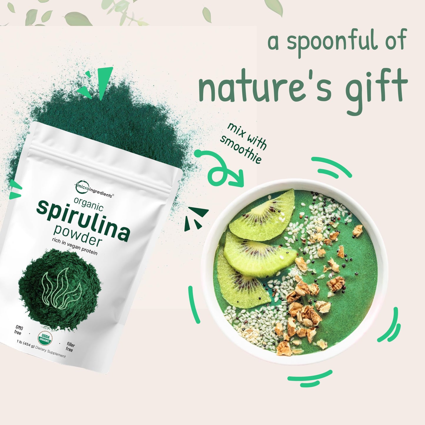 Micro Ingredients Organic Spirulina Powder 1lb | Vegan Protein & Chlorophyll