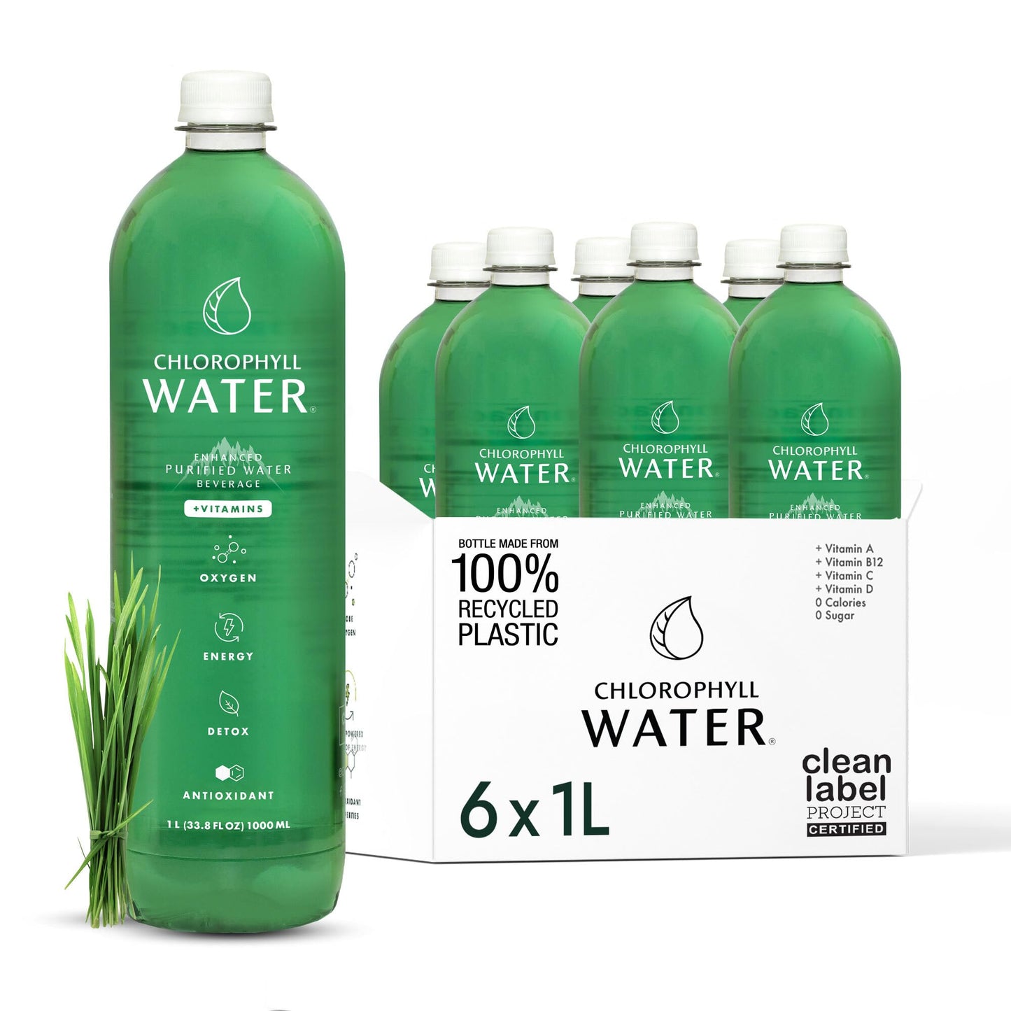 Chlorophyll Water – 1L Bottle (6-Pack) | Alkaline Detox with Vitamins A, B12, C, D