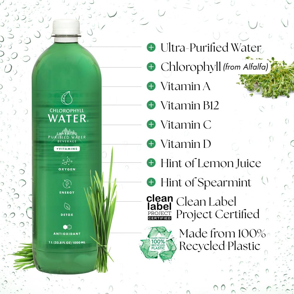 Chlorophyll Water – 1L Bottle (6-Pack) | Alkaline Detox with Vitamins A, B12, C, D