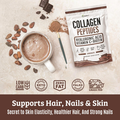 Chocolate Collagen Powder with Hyaluronic Acid, Vitamin C & Biotin – Keto Collagen for Hair, Skin, Nails & Joints