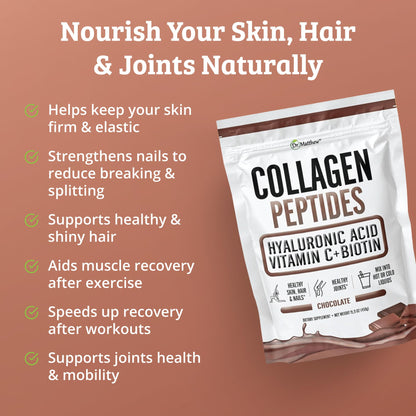 Chocolate Collagen Powder with Hyaluronic Acid, Vitamin C & Biotin – Keto Collagen for Hair, Skin, Nails & Joints