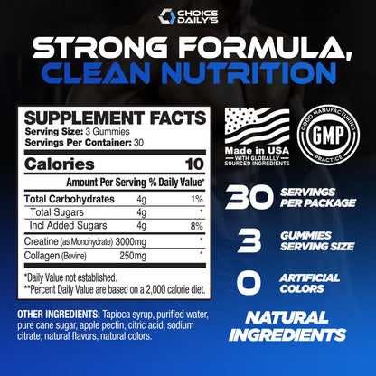 CHOICE DAILY’S Creatine Gummies - 90 Vegan Friendly Chews (Blue Raspberry) - USA Made - Muscle, Recovery & Cognitive Support