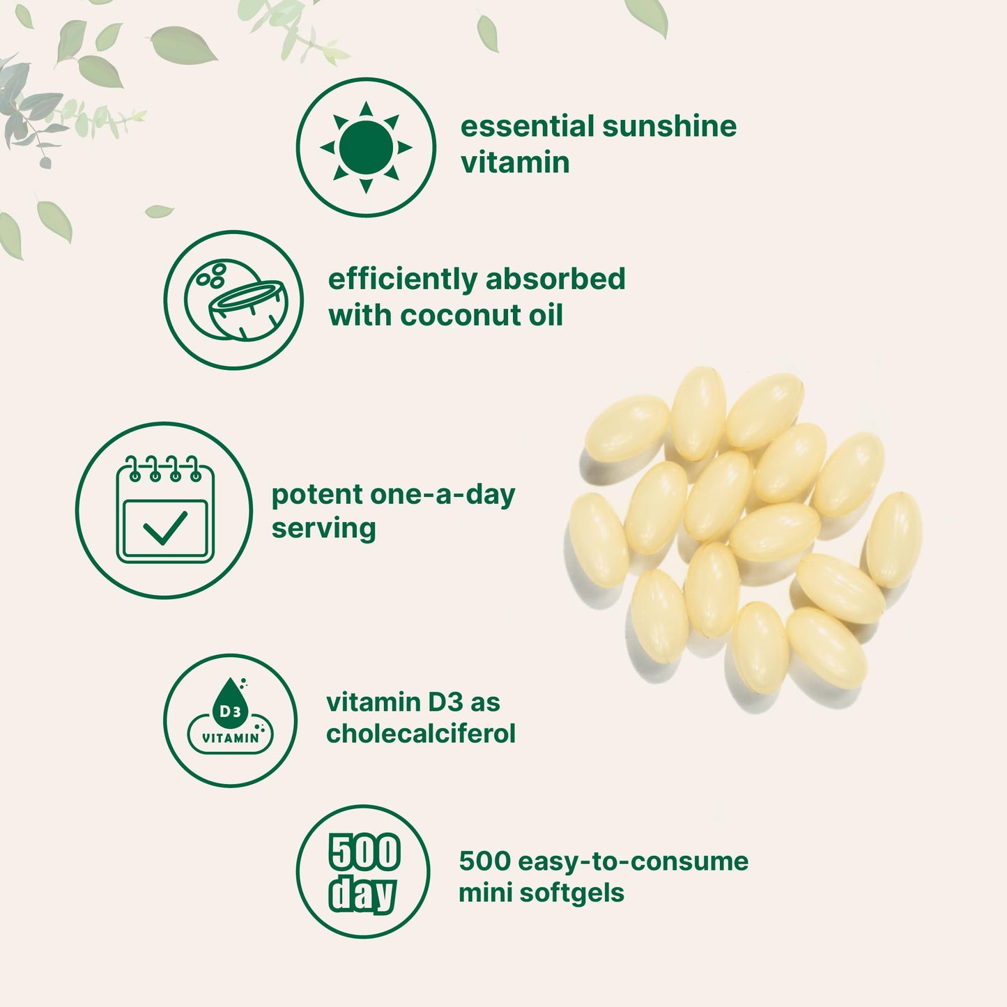 Vitamin D3 2000 IU – 500 Softgels | Virgin Coconut Oil | Cholecalciferol | Non-GMO