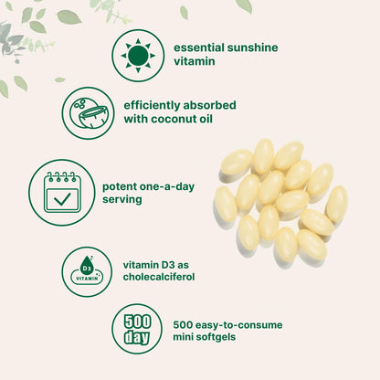Vitamin D3 2000 IU – 500 Softgels | Virgin Coconut Oil | Cholecalciferol | Non-GMO