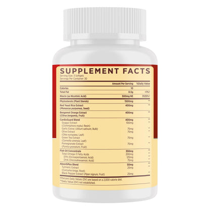 Cholesterol Supplements with Plant Sterols, Niacin, Red Yeast Rice, Bergamot, Omega-3 & Garlic - Advanced Absorption Formula - 90 Softgels