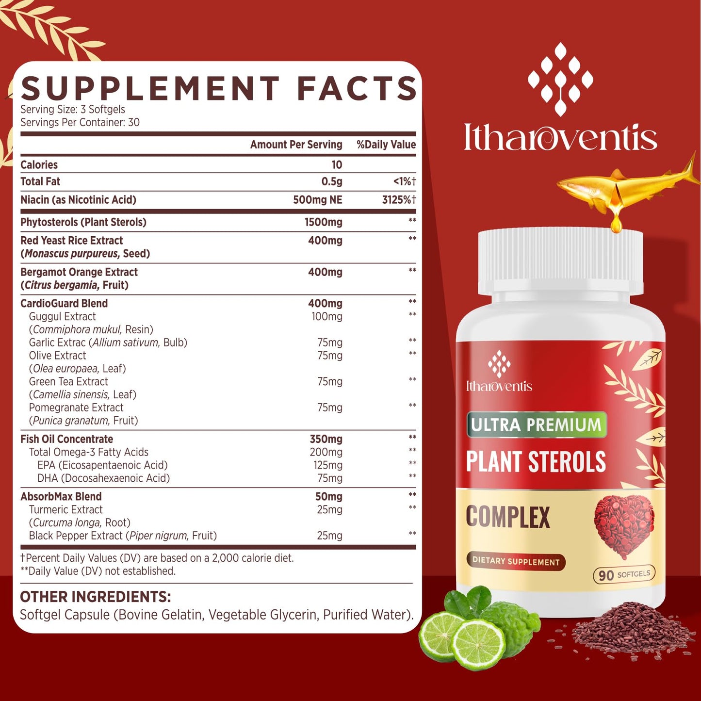 Cholesterol Supplements with Plant Sterols, Niacin, Red Yeast Rice, Bergamot, Omega-3 & Garlic - Advanced Absorption Formula - 90 Softgels