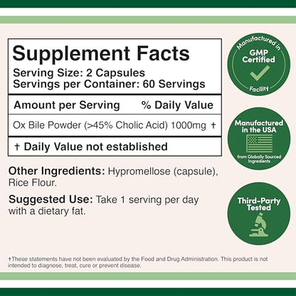 Ox Bile Supplement for No Gallbladder – 1,000mg Per Serving, 500mg per Capsule, 120 Capsules – 45% Cholic Acid Bile Salts | Double Wood