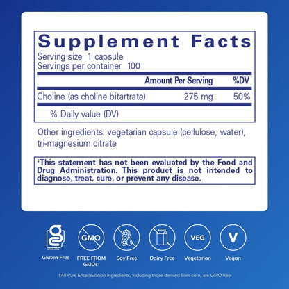 Pure Encapsulations Choline (Bitartrate) 275 mg – Brain Health, Methylation & Cell Function | Vegan & Non-GMO | 100 Capsules