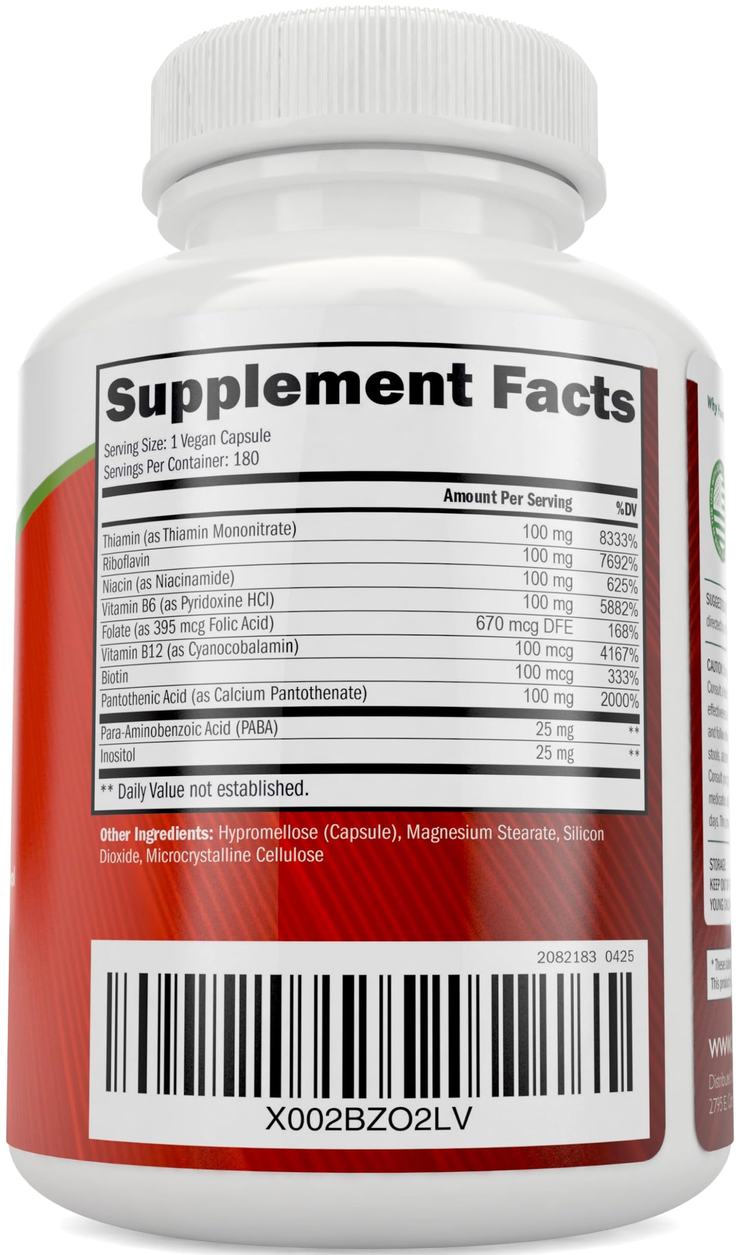 Vitamin B Complex - 8 B Vitamins with Choline & Inositol | 180 Vegan Capsules | 6 Month Supply | Made in USA