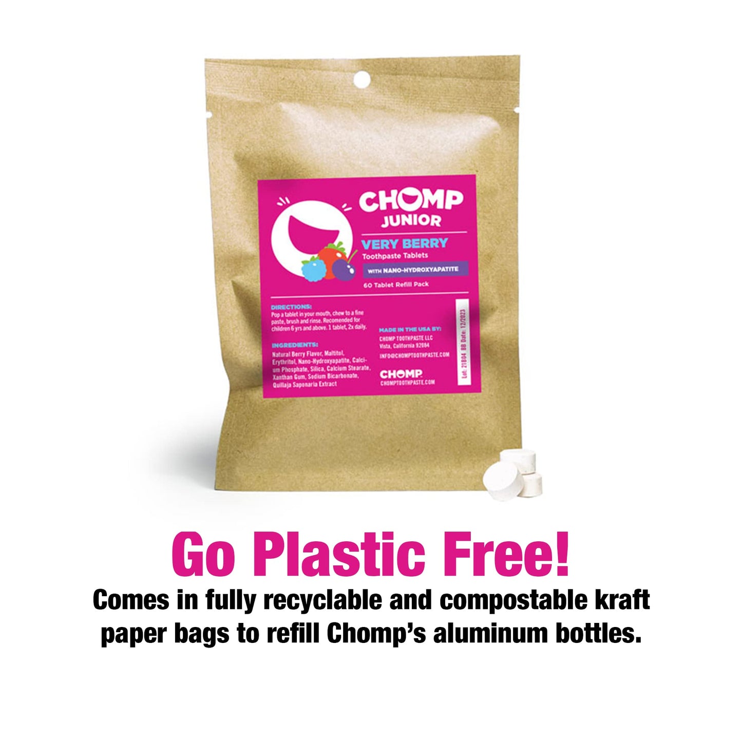 Chomp Junior Very Berry Toothpaste Tablets – Nano Hydroxyapatite Refill Pack (2)