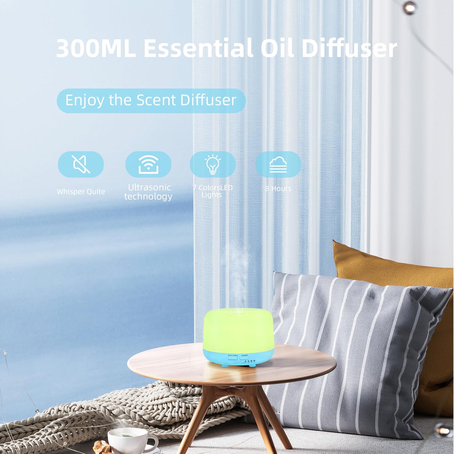 CHOUWEEK 300ML Ultrasonic Air Diffuser for Essential Oils – Remote Control, 7-Color LED, Auto-Off & Timers for Home, Bedroom, Office, Kids