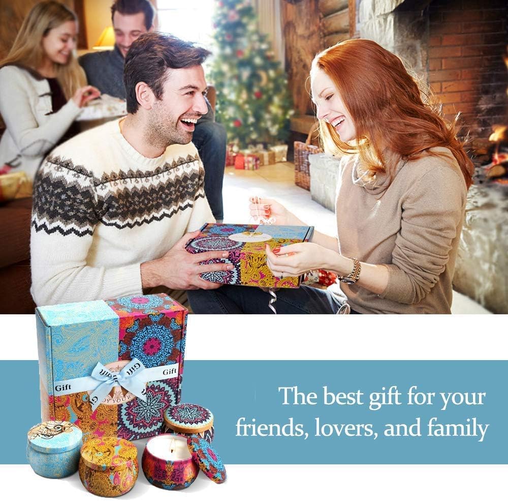 Christmas Candle Gift Set - 4 Pack Soy Candles in Decorative Tin | Gift for Women