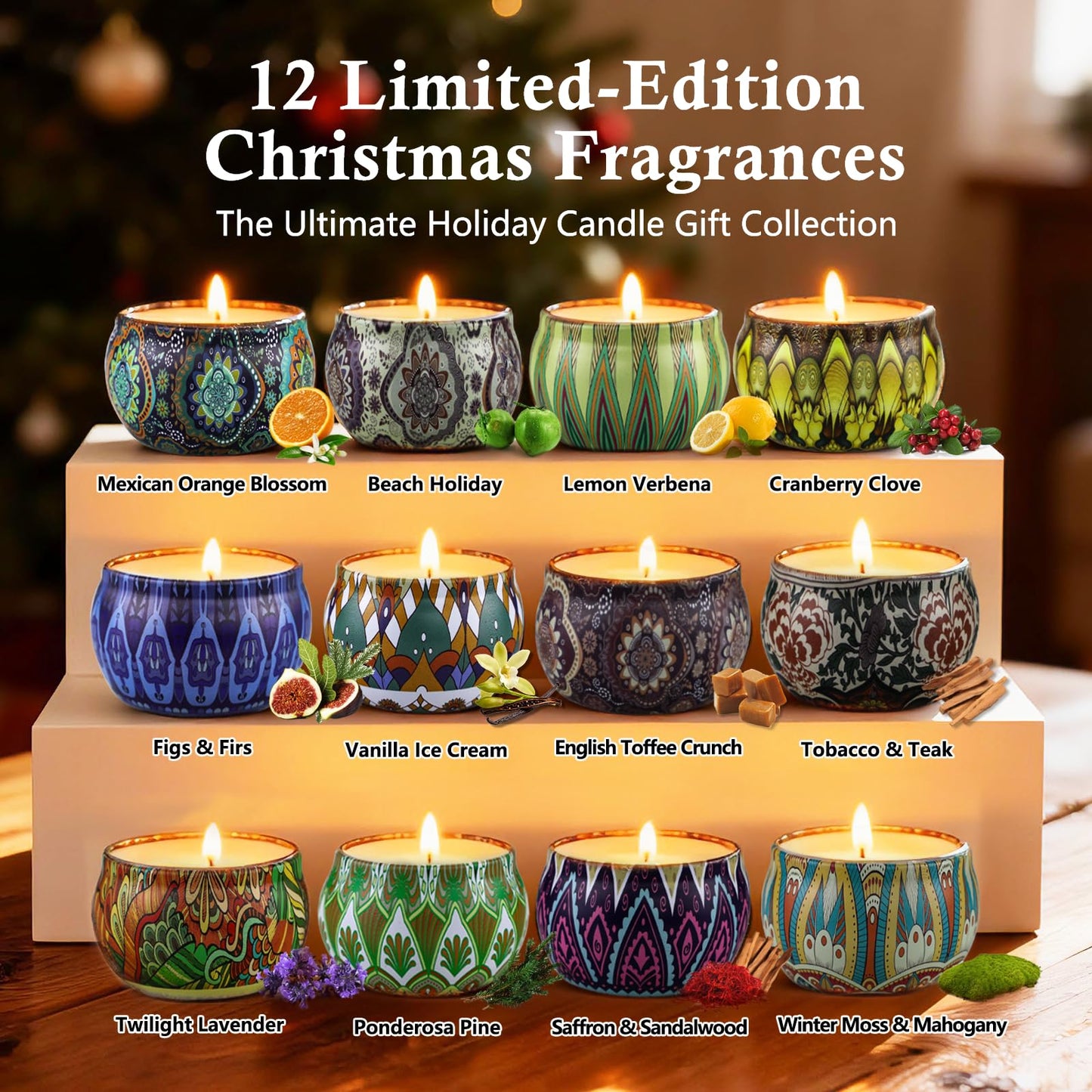 Christmas Scented Candles Gift Set - 12 Pack, Soy Wax, Gift Box