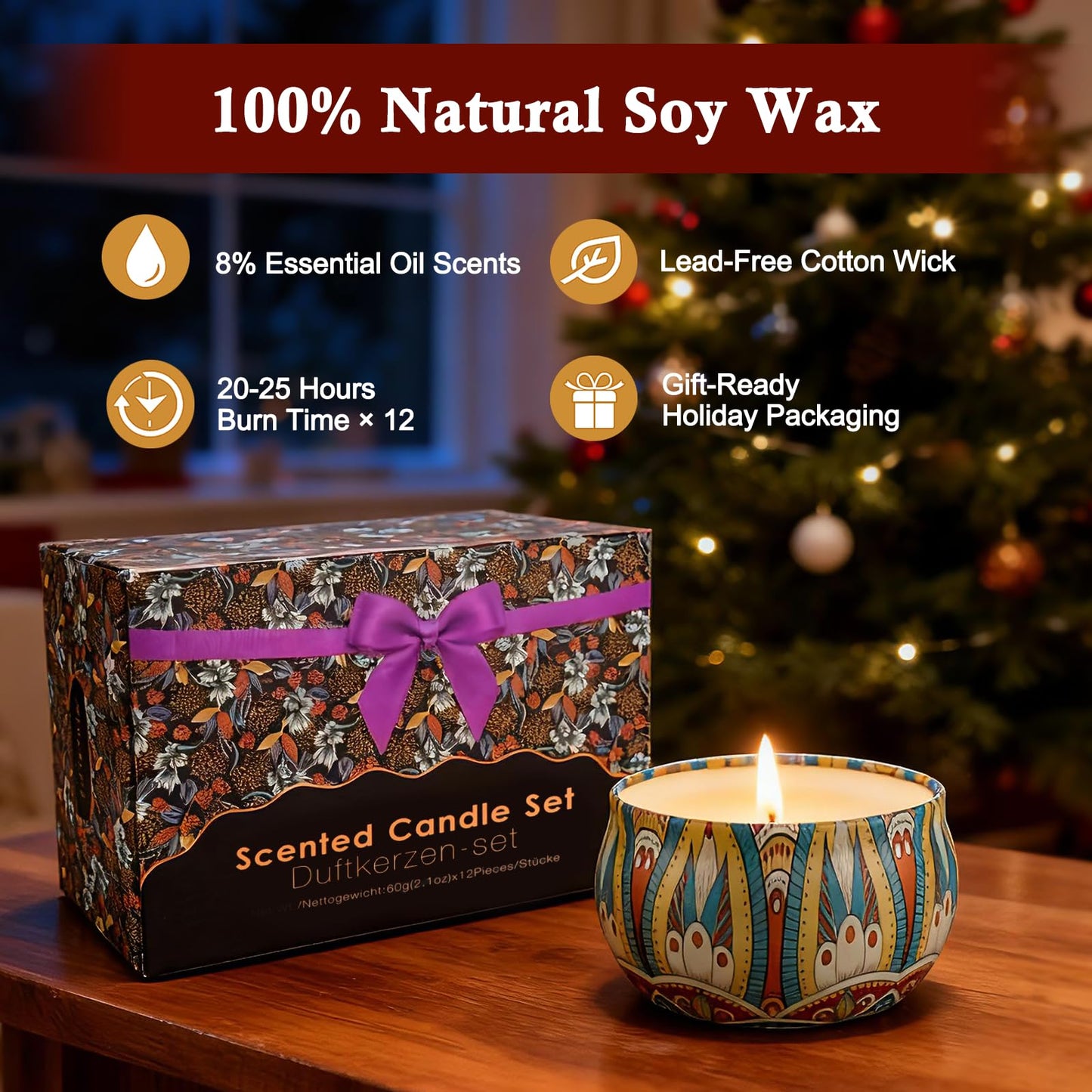 Christmas Scented Candles Gift Set - 12 Pack, Soy Wax, Gift Box