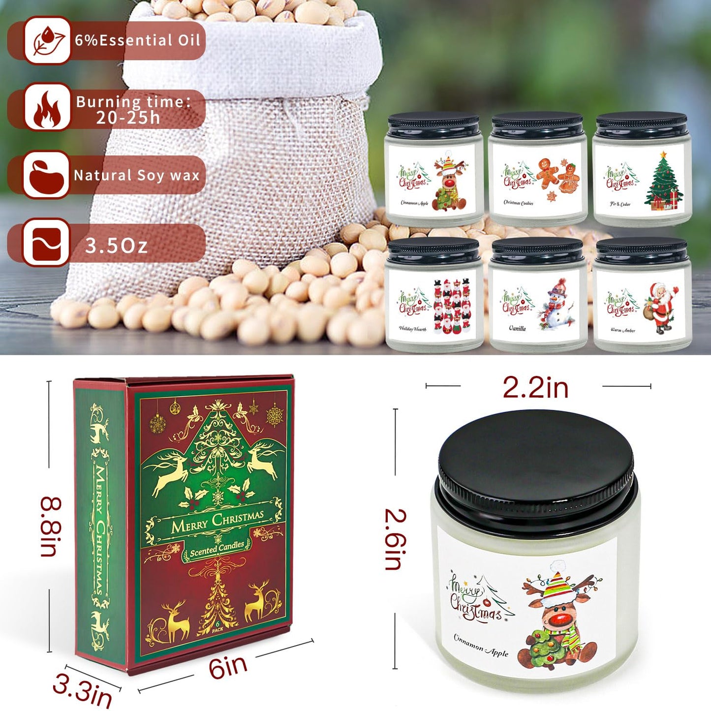 Christmas Scented Candles – 6 Pack Soy, 21 oz Jars | Gift Ideas
