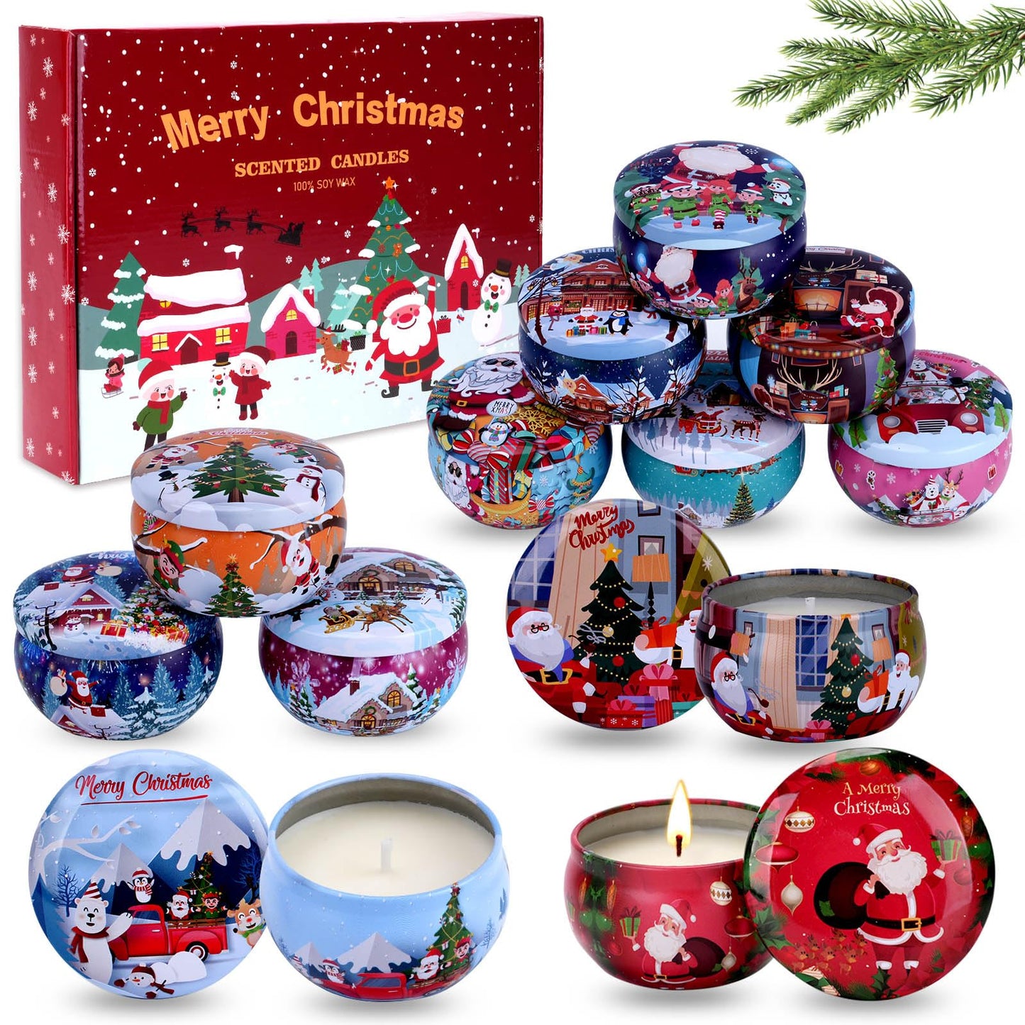 Christmas Scented Candles Gift Set – 12x3oz Soy Wax Travel Tin Aromatherapy Candles for Women