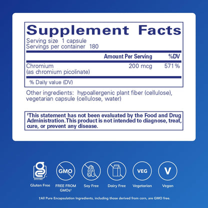 Pure Encapsulations Chromium (Picolinate) 200 mcg | Hypoallergenic Metabolism Support | 180 Capsules