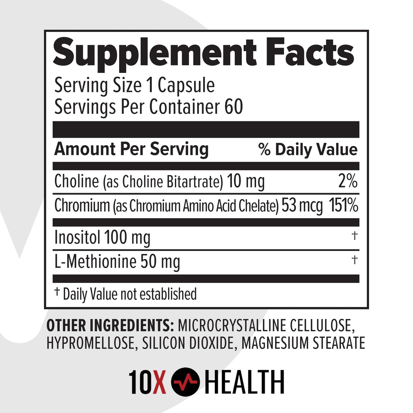 10X Health MIC Chromium Supplements - 60 Capsules with Choline, Inositol & L-Methionine