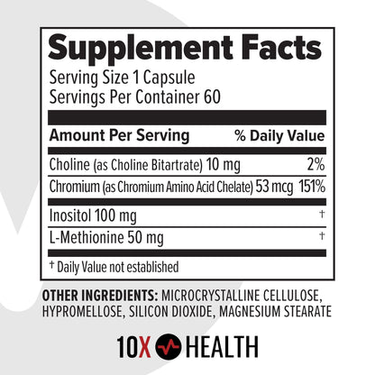 10X Health MIC Chromium Supplements - 60 Capsules with Choline, Inositol & L-Methionine