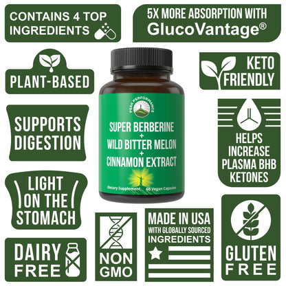 Ultra High Strength 4-in-1 Berberine: GlucoVantage, Bitter Melon, Cinnamon & Chromium (Vegan)