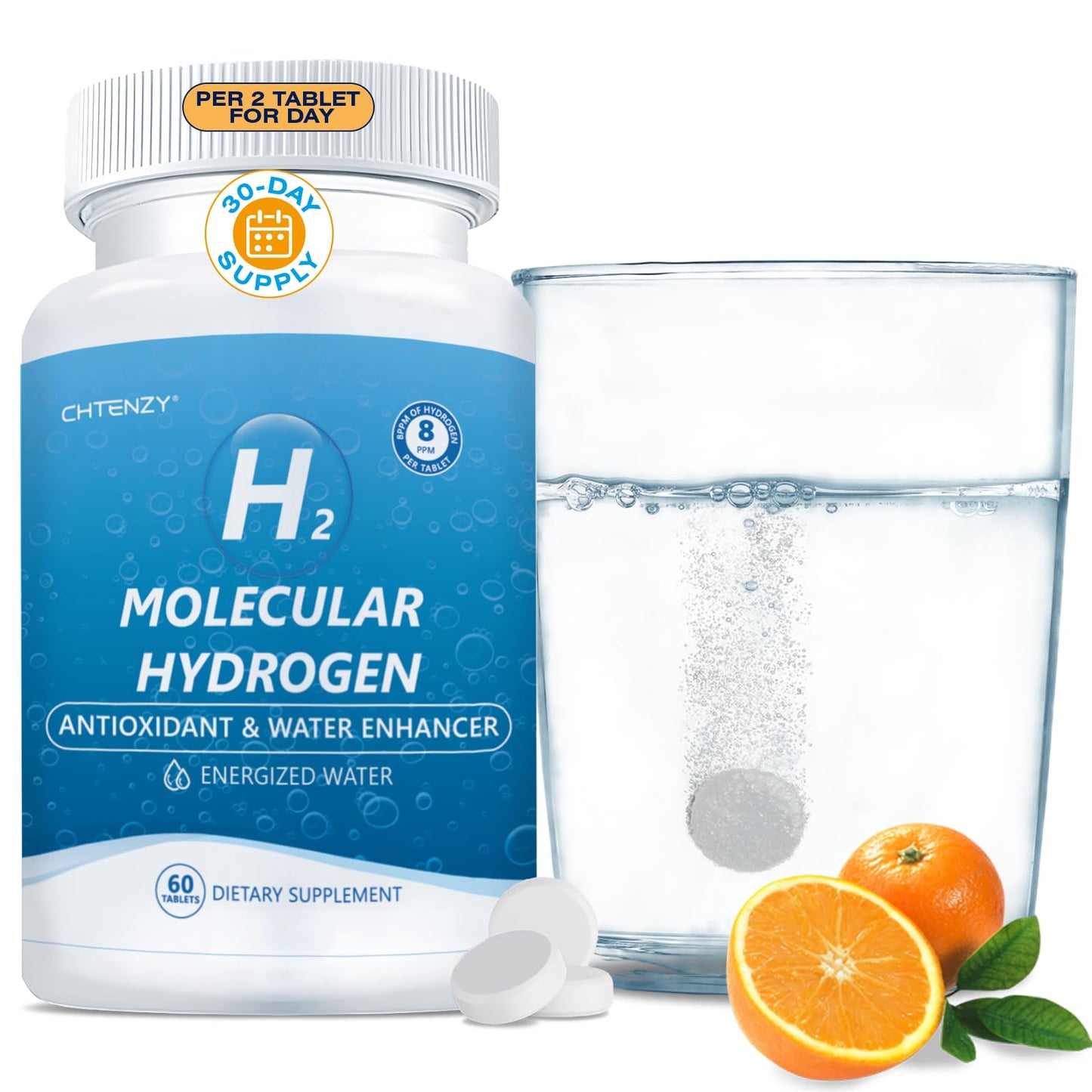 CHTENZY Hydrogen Water Tablets – 8 PPM H2, Magnesium Electrolyte, Orange Flavor, 60 Count
