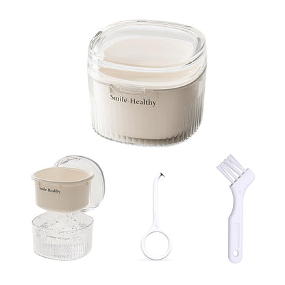 CINMAUNG Denture Case & Cleaner Cup – Travel Soak Container with Strainer Basket (White)