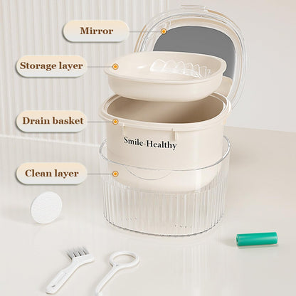 CINMAUNG Denture Case & Cleaner Cup – Travel Soak Container with Strainer Basket (White)