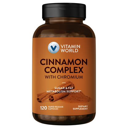 Vitamin World Cinnamon Complex with Chromium - 1000 mg Cinnamon, 200 mcg Chromium | 120 Capsules | Gluten Free