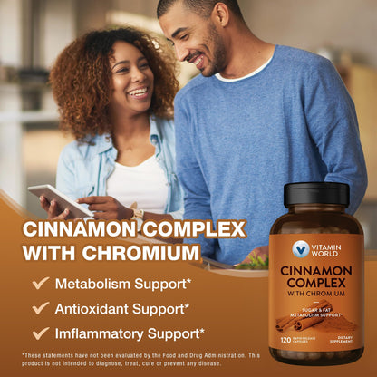 Vitamin World Cinnamon Complex with Chromium - 1000 mg Cinnamon, 200 mcg Chromium | 120 Capsules | Gluten Free