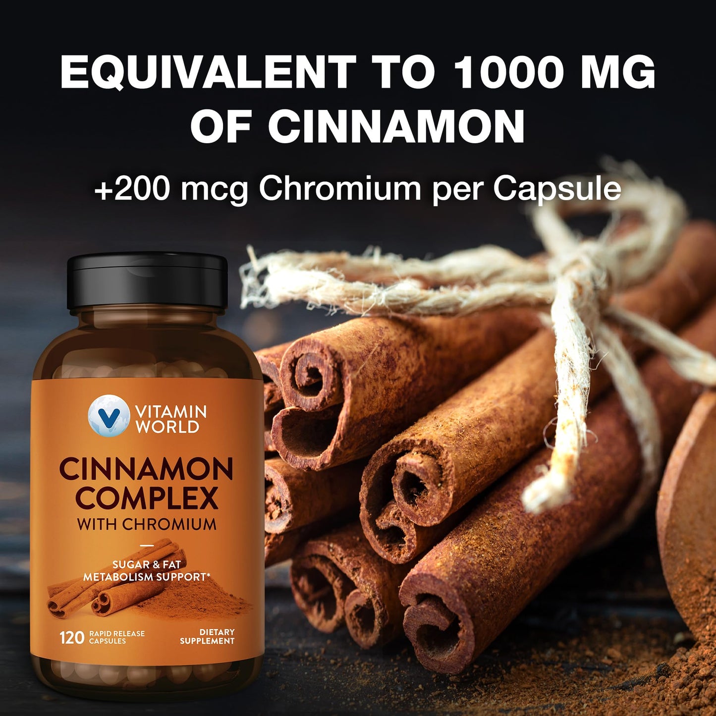 Vitamin World Cinnamon Complex with Chromium - 1000 mg Cinnamon, 200 mcg Chromium | 120 Capsules | Gluten Free