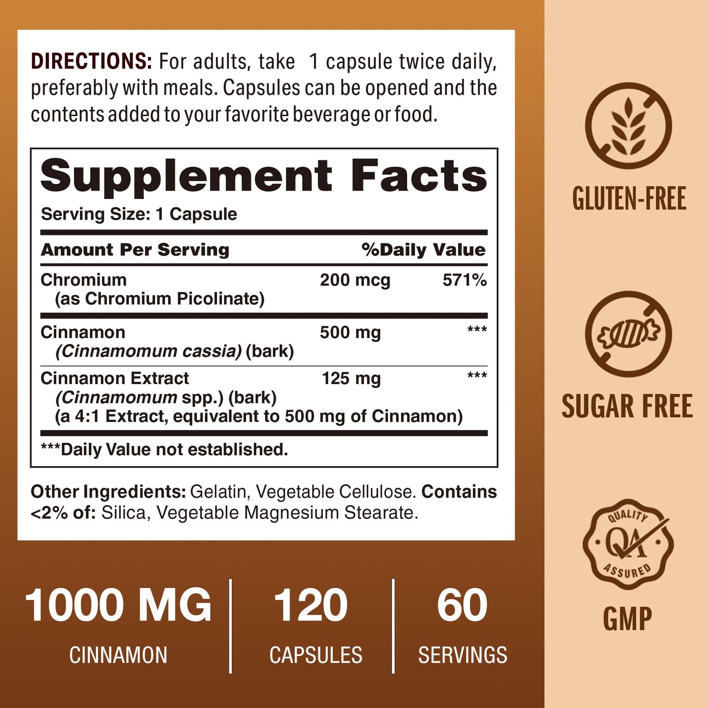 Vitamin World Cinnamon Complex with Chromium - 1000 mg Cinnamon, 200 mcg Chromium | 120 Capsules | Gluten Free