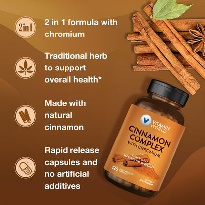 Vitamin World Cinnamon Complex with Chromium - 1000 mg Cinnamon, 200 mcg Chromium | 120 Capsules | Gluten Free