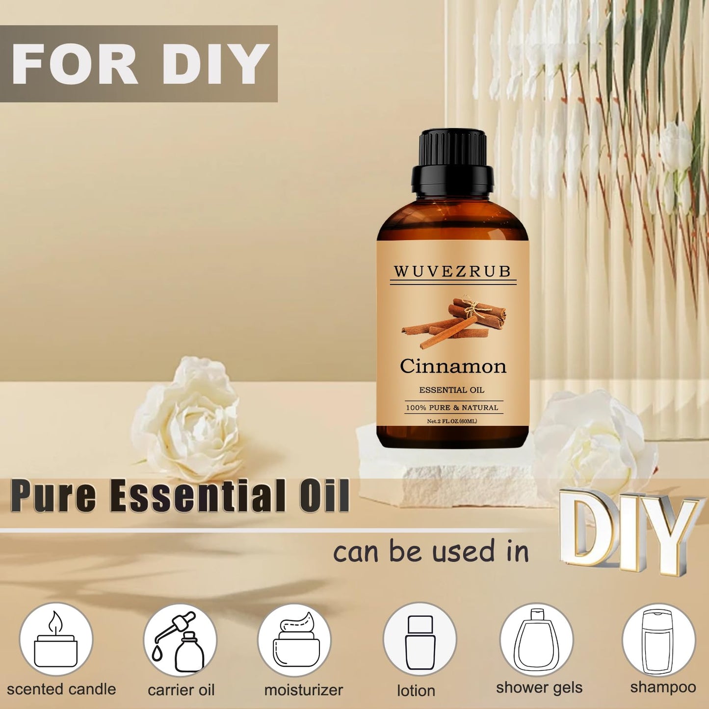 Cinnamon Essential Oil 60ml – 100% Pure & Natural for Aromatherapy Diffuser (2 Fl Oz)